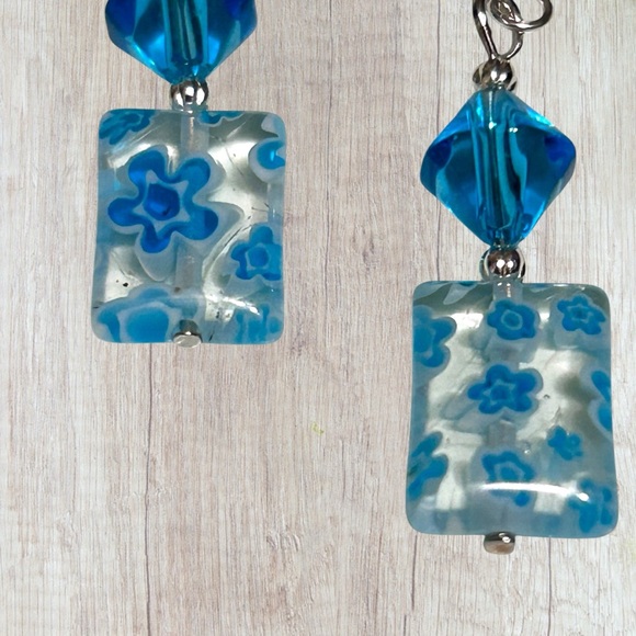 Hand Crafted Glass Flower Earrings Aqua Blue Long Dangle 925 Silver - Picture 3 of 5